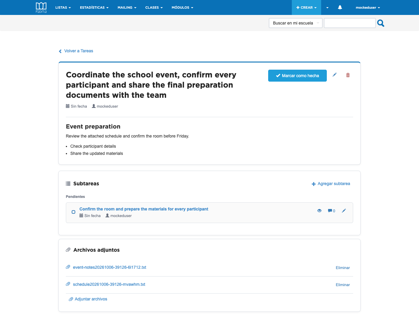 Tarefa do CRM com descrição, responsável, subtarefas e arquivos para coordenar a equipe.