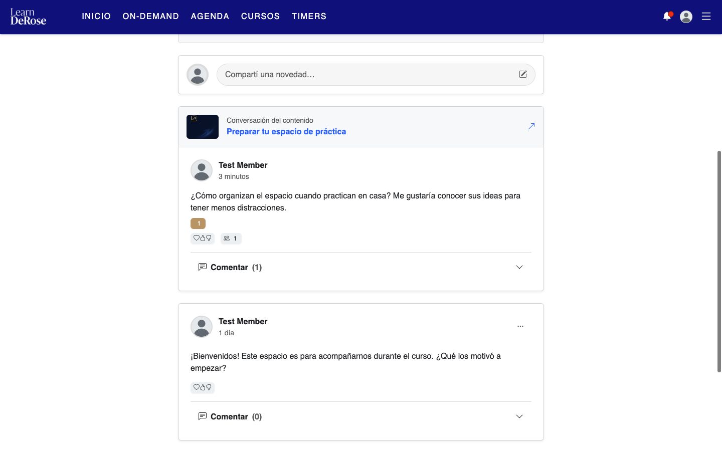 Comunidade de um curso do Learn, com publicações e conversas vinculadas ao conteúdo.